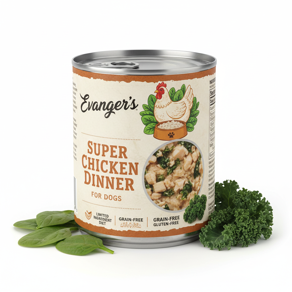 https://farmorganic.shop/products/evangers-super-chicken-dinner-for-dogs-12-count-12-5-oz-each-limited-ingredient-diet-grain-gluten-free-with-spinach-kale-balanced-wet-dog-food
