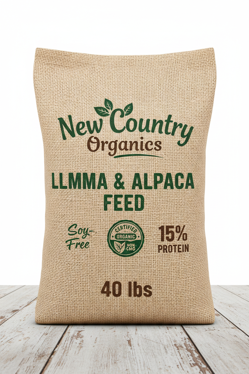https://farmorganic.shop/products/new-country-organics-llama-and-alpaca-feed-soy-free-15-protein-ceritifed-organic-and-non-gmo-40-lbs-bag