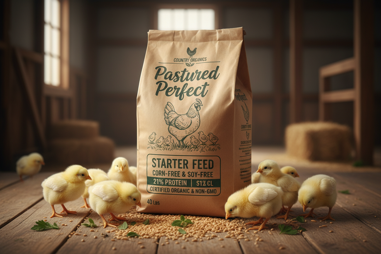 https://farmorganic.shop/products/new-country-organics-pastured-perfect-starter-feed-for-baby-chicks-corn-free-and-soy-free-21-protein-certified-organic-and-non-gmo-40-lbs - https://www.farmorganic.shop
