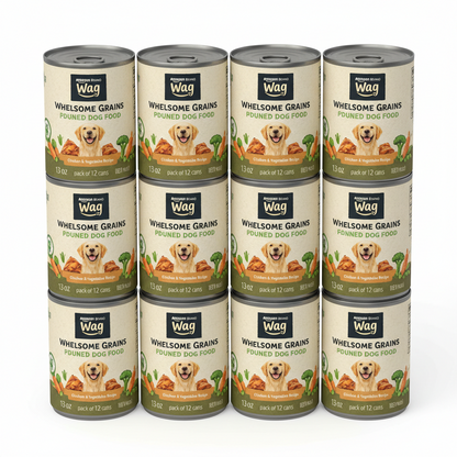 https://farmorganic.shop/products/amazon-brand-wag-wholesome-grains-adult-pate-canned-dog-food-chicken-vegetables-recipe-13-oz-pack-of-12 - https://www.farmorganic.shop