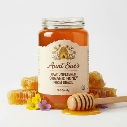 https://farmorganic.shop/products/aunt-sue-raw-unfiltered-organic-honey-from-brazil-16-oz - https://www.farmorganic.shop