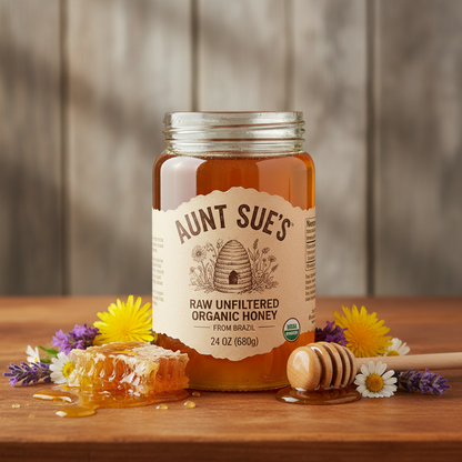 https://farmorganic.shop/products/aunt-sue-raw-unfiltered-organic-honey-from-brazil-24-oz - https://www.farmorganic.shop