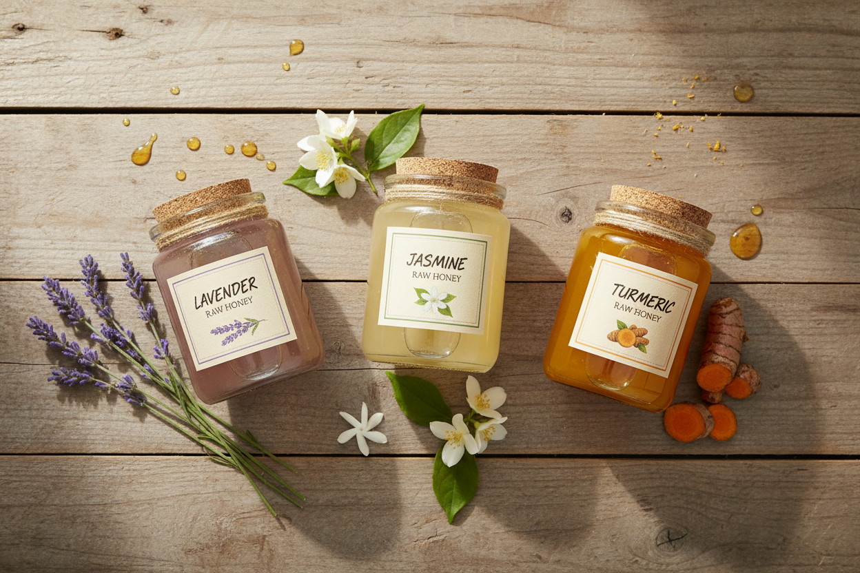 https://farmorganic.shop/products/bee-harmony-floral-infused-raw-honey-variety-pack-lavender-jasmine-and-turmeric-12-oz-each - https://www.farmorganic.shop