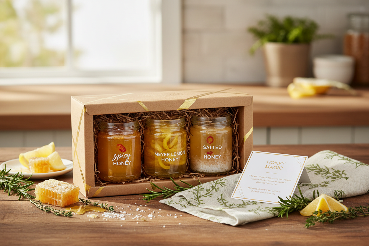 https://farmorganic.shop/products/bushwick-kitchen-bees-knees-honey-sampler-gift-box-set-includes-spicy-honey-meyer-lemon-honey-salted-honey-sauces-honey-inspired-recipes-bushwick-kitchen-tea-towel-and-ready-to-gift-box - https://www.farmorganic.shop