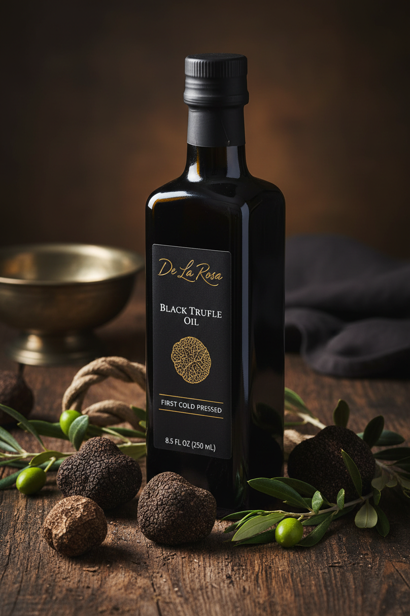 https://farmorganic.shop/products/de-la-rosa-black-truffle-oil-first-cold-pressed-vegan-kosher-non-gmo-gluten-free-drizzle-over-for-pastas-pizza-risotto-soups-more-black-truffle-seasoning-oil-8-5-oz-pack-of-1 - https://www.farmorganic.shop