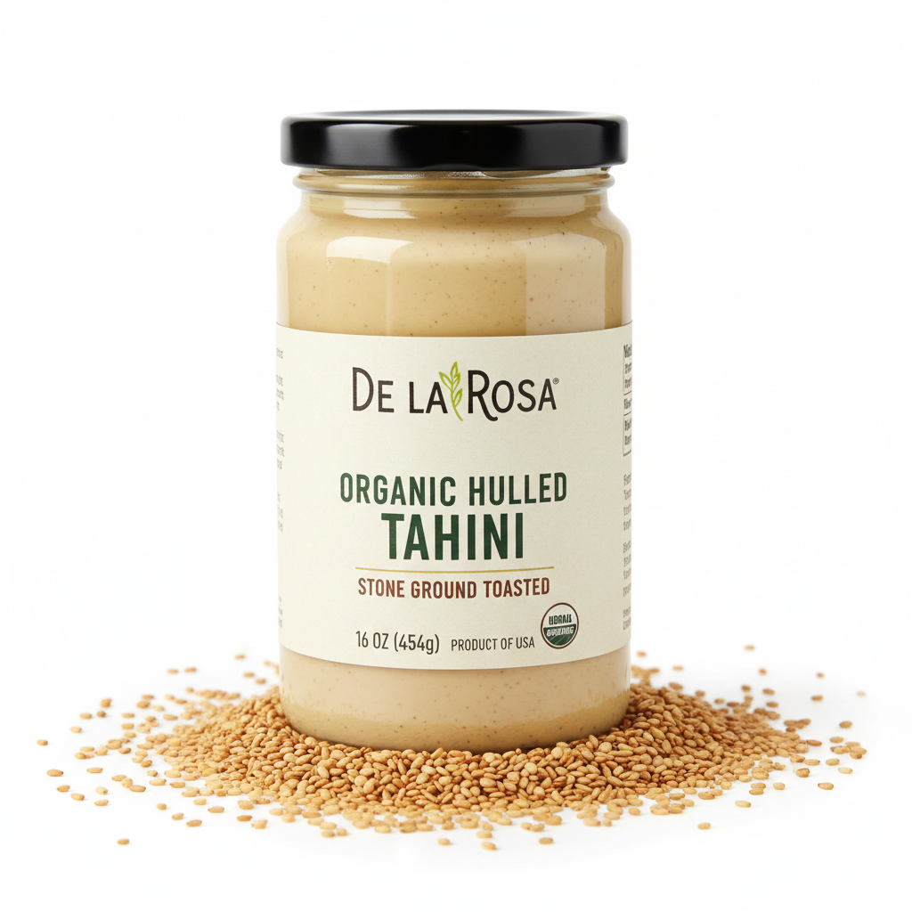 https://farmorganic.shop/products/de-la-rosa-organic-hulled-tahini-stone-ground-toasted-unbleached-vegan-kosher-non-gmo-gluten-free-great-source-of-protein-calcium-for-hummus-and-salad-dressing-16-oz-pack-of-1 - https://www.farmorganic.shop