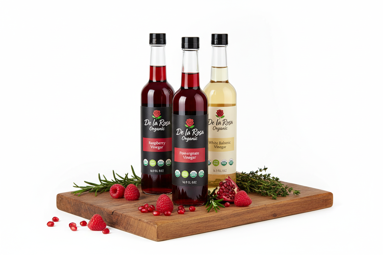 https://farmorganic.shop/products/de-la-rosa-organic-vinegar-variety-pack-raspberry-pomegranate-white-balsamic-vinegar-vegan-kosher-non-gmo-gluten-free-great-for-salad-dressing-marinades-more-16-9-oz-pack-of-3 - https://www.farmorganic.shop
