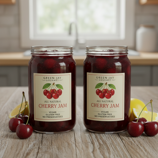 https://farmorganic.shop/products/green-jay-gourmet-cherry-jam-all-natural-fruit-jam-with-cherries-lemon-juice-vegan-gluten-free-jam-contains-no-preservatives-or-corn-syrup-made-in-usa-2-x-20-ounces