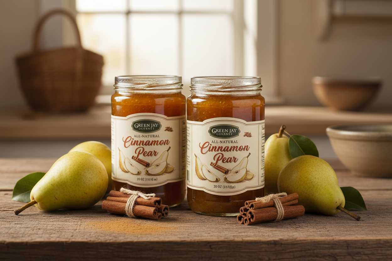 https://farmorganic.shop/products/green-jay-gourmet-cinnamon-pear-jam-all-natural-fruit-jam-with-pears-cinnamon-vegan-gluten-free-jam-contains-no-preservatives-or-corn-syrup-made-in-usa-2-x-20-ounces - https://www.farmorganic.shop