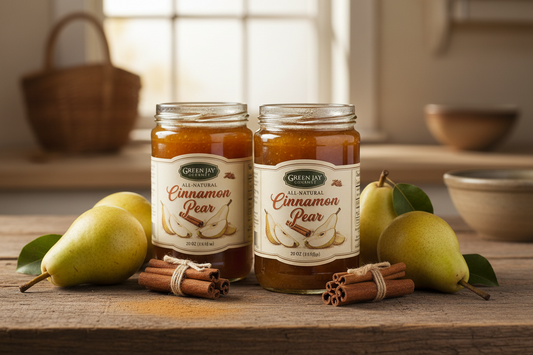 https://farmorganic.shop/products/green-jay-gourmet-cinnamon-pear-jam-all-natural-fruit-jam-with-pears-cinnamon-vegan-gluten-free-jam-contains-no-preservatives-or-corn-syrup-made-in-usa-2-x-20-ounces - https://www.farmorganic.shop