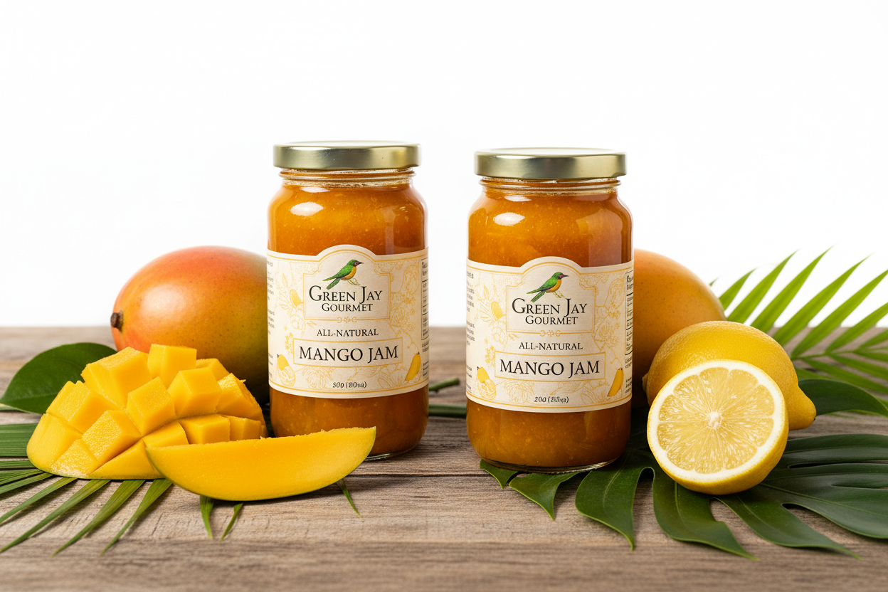 https://farmorganic.shop/products/green-jay-gourmet-mango-jam-all-natural-fruit-jam-with-mango-lemon-juice-vegan-gluten-free-jam-contains-no-preservatives-or-corn-syrup-made-in-usa-2-x-20-ounces - https://www.farmorganic.shop