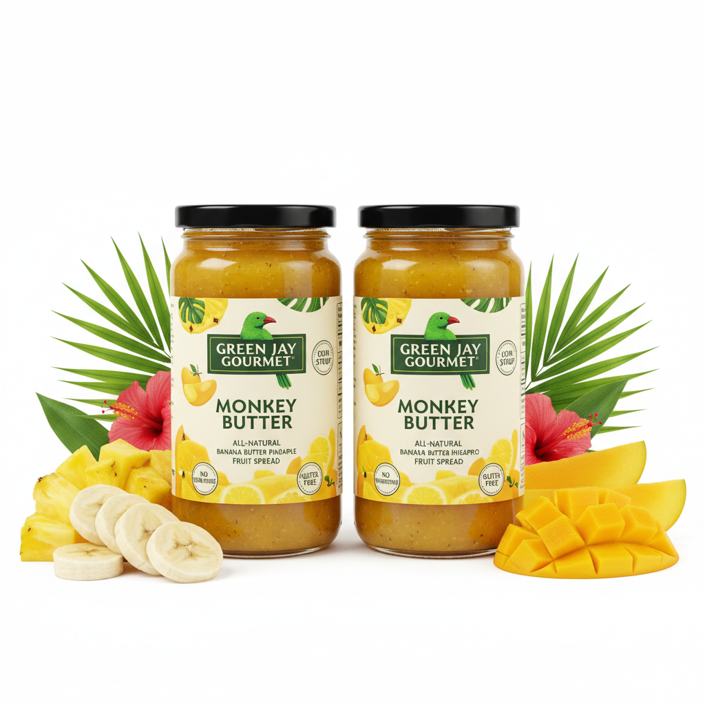https://farmorganic.shop/products/green-jay-gourmet-monkey-butter-all-natural-gluten-free-banana-butter-pineapple-spread-with-bananas-mango-gourmet-fruit-butter-no-corn-syrup-preservatives-or-trans-fats-2-x-19-ounces - https://www.farmorganic.shop