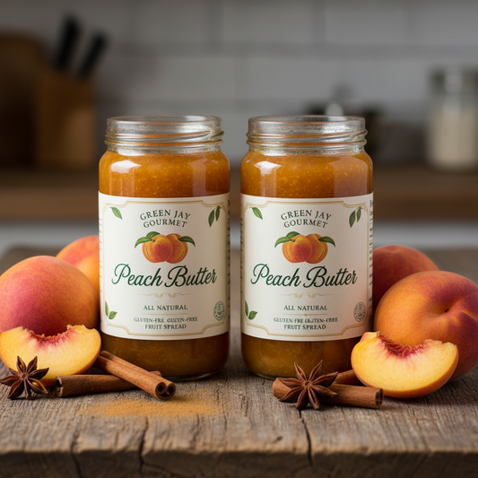 https://farmorganic.shop/products/green-jay-gourmet-peach-butter-all-natural-gluten-free-fruit-spread-peach-spread-with-peaches-spices-gourmet-fruit-butter-no-corn-syrup-preservatives-or-trans-fats-2-x-19-ounces