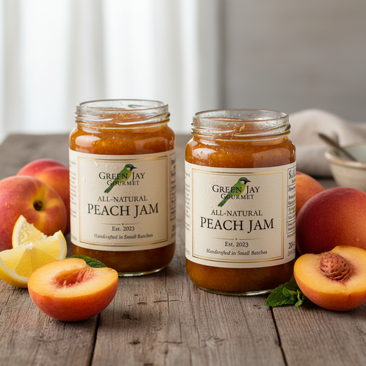 https://farmorganic.shop/products/green-jay-gourmet-peach-jam-all-natural-fruit-jam-with-peaches-lemon-juice-vegan-gluten-free-jam-contains-no-preservatives-or-corn-syrup-made-in-usa-2-x-20-ounces