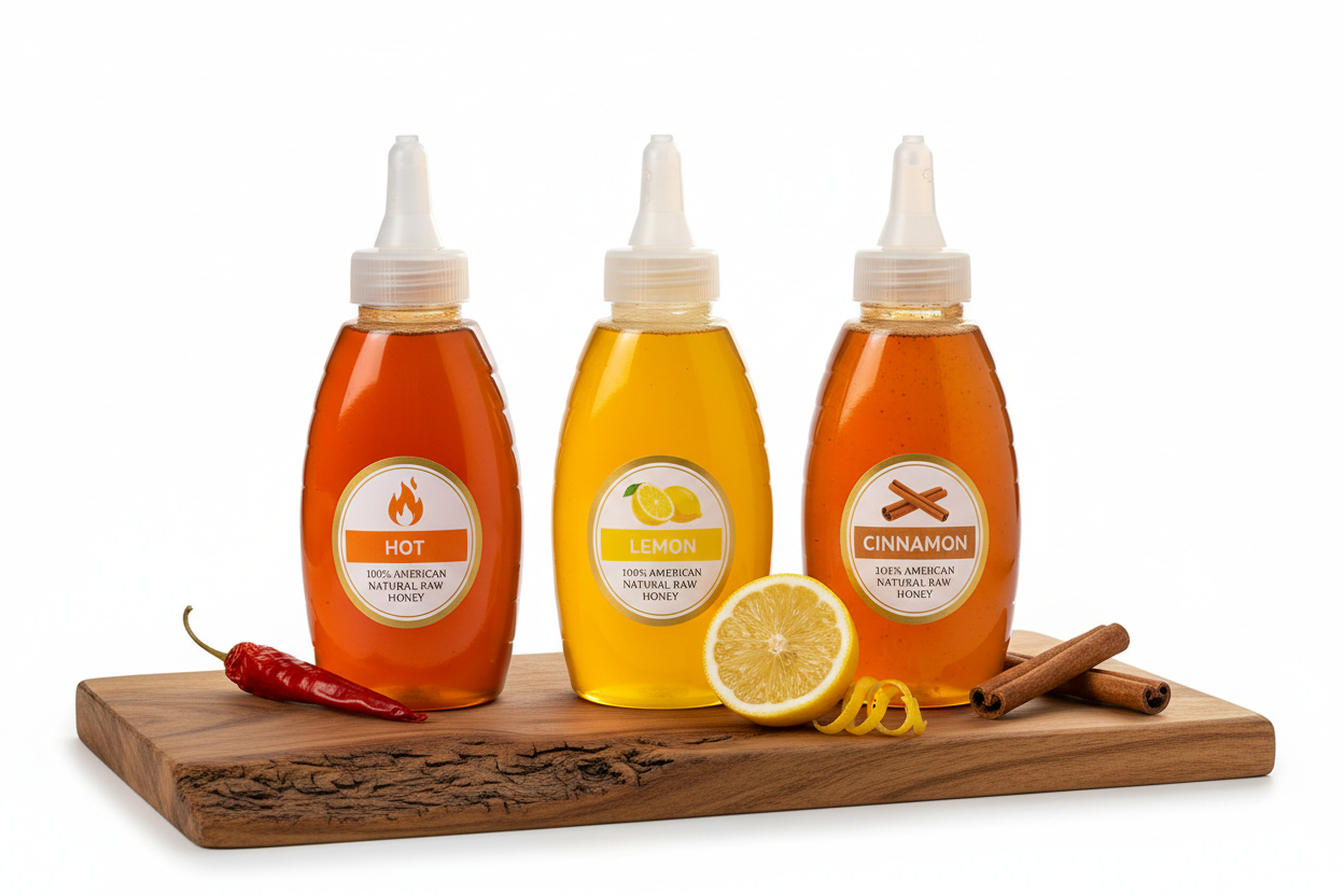 https://farmorganic.shop/products/jamies-hive-to-table-infused-honey-gift-set-hot-lemon-and-cinnamon-flavors-36-oz-pack-of-3-squeeze-bottles-100-american-natural-raw-honey - https://www.farmorganic.shop