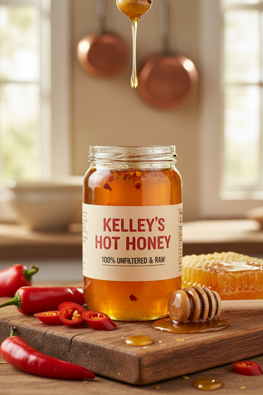 https://farmorganic.shop/products/kelleys-hot-honey-24-oz-100-unfiltered-raw-honey-infused-with-chili-pepper-rich-flavor-for-bbq-fried-chicken-pizza-charcuterie-board-cornbread