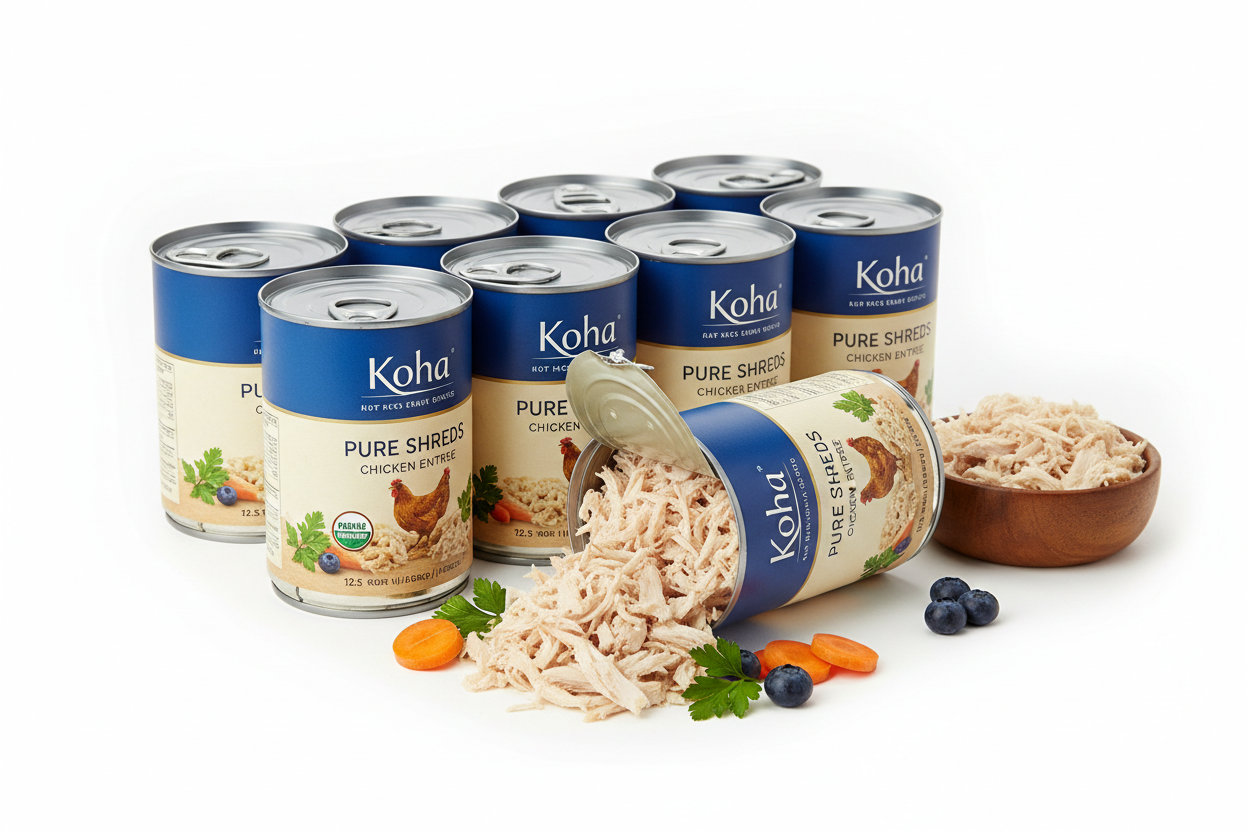 https://farmorganic.shop/products/koha-pure-shreds-chicken-entree-for-dogs-12-5oz-cans-pack-of-12 - https://www.farmorganic.shop