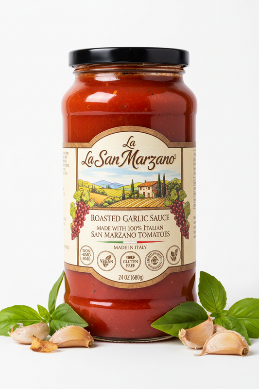 https://farmorganic.shop/products/la-san-marzano-roasted-garlic-sauce-pasta-sauce-with-100-italian-tomatoes-made-in-italy-peeled-tomatoes-with-fresh-and-natural-ingredients-non-gmo-tomatoes-vegan-gluten-free-kosher-mediterranean-diet-24-ounce-jar
