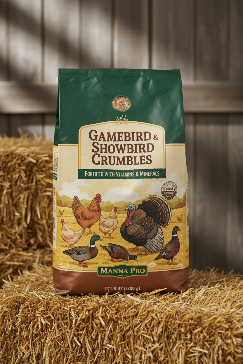 https://farmorganic.shop/products/manna-pro-gamebird-showbird-crumbles-premium-poultry-feed-for-chickens-ducks-gamebirds-turkeys-bantams-fortified-with-vitamins-minerals-healthy-complete-diet-5-lb-bag