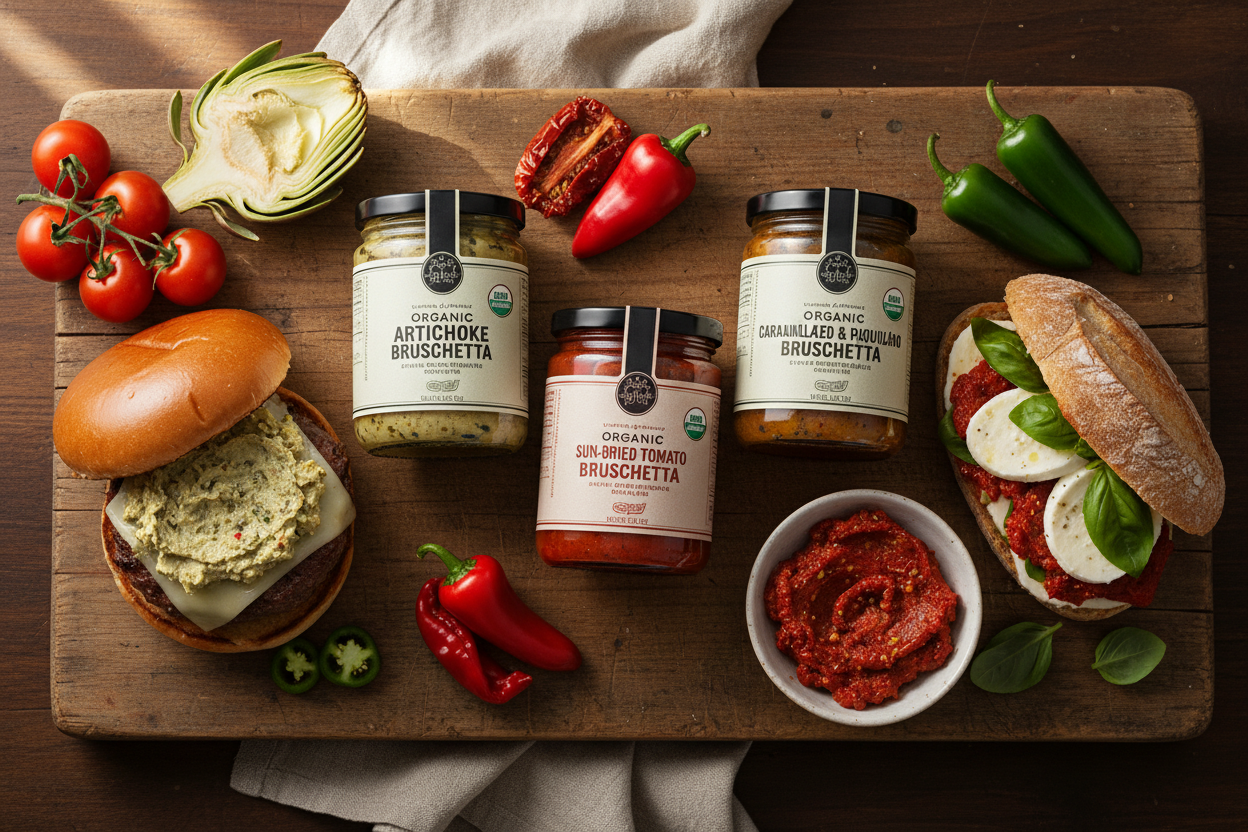 https://farmorganic.shop/products/perfect-choice-variety-pack-delicious-artichoke-bruschetta-sun-dried-tomato-bruschetta-caramelized-piquillo-and-jalapeno-peppers-ready-to-eat-ideal-for-burgers-and-sandwiches-pack-of-3