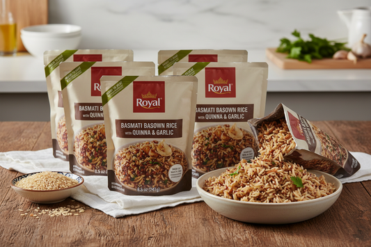 https://farmorganic.shop/products/royal-basmati-brown-rice-with-quinoa-and-garlic-ready-to-heat-basmati-rice-6-pack-8-5-oz-microwaveable-pouch