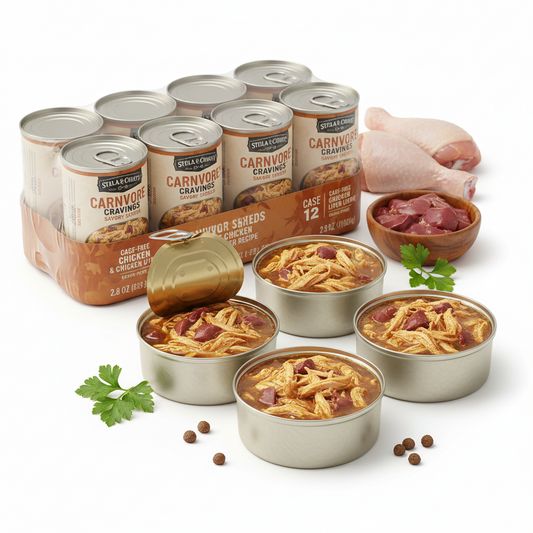 https://farmorganic.shop/products/stella-chewy-s-carnivore-cravings-savory-shreds-cans-grain-free-protein-rich-wet-cat-food-cage-free-chicken-chicken-liver-recipe-2-8-ounce-cans-case-of-12