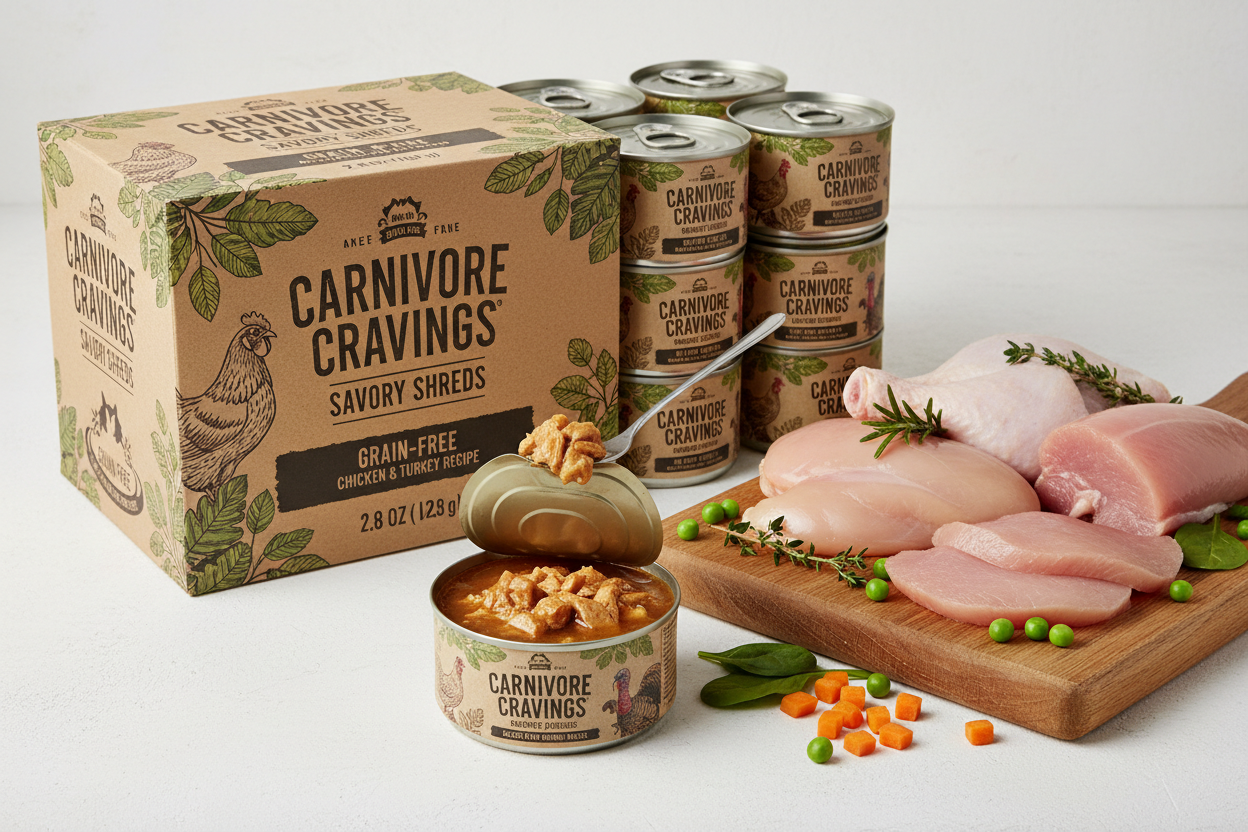 https://farmorganic.shop/products/stella-chewy-s-carnivore-cravings-savory-shreds-cans-grain-free-protein-rich-wet-cat-food-cage-free-chicken-turkey-recipe-2-8-ounce-cans-case-of-12 - https://www.farmorganic.shop