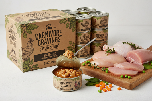 https://farmorganic.shop/products/stella-chewy-s-carnivore-cravings-savory-shreds-cans-grain-free-protein-rich-wet-cat-food-cage-free-chicken-turkey-recipe-2-8-ounce-cans-case-of-12 - https://www.farmorganic.shop